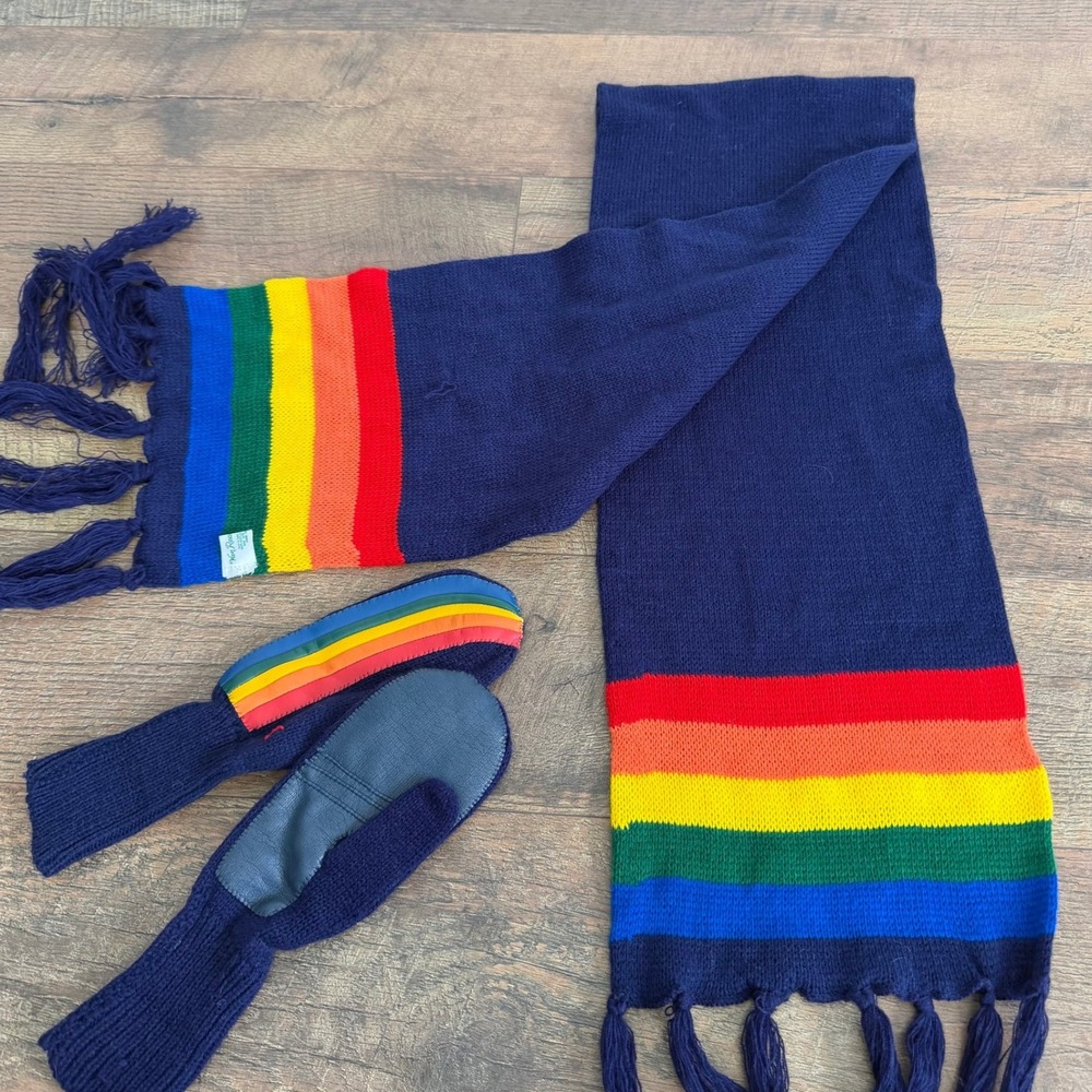 Van Raalte Kids Vintage Rainbow Knit Scarf and Mittens‎ Set Navy Blue One Size